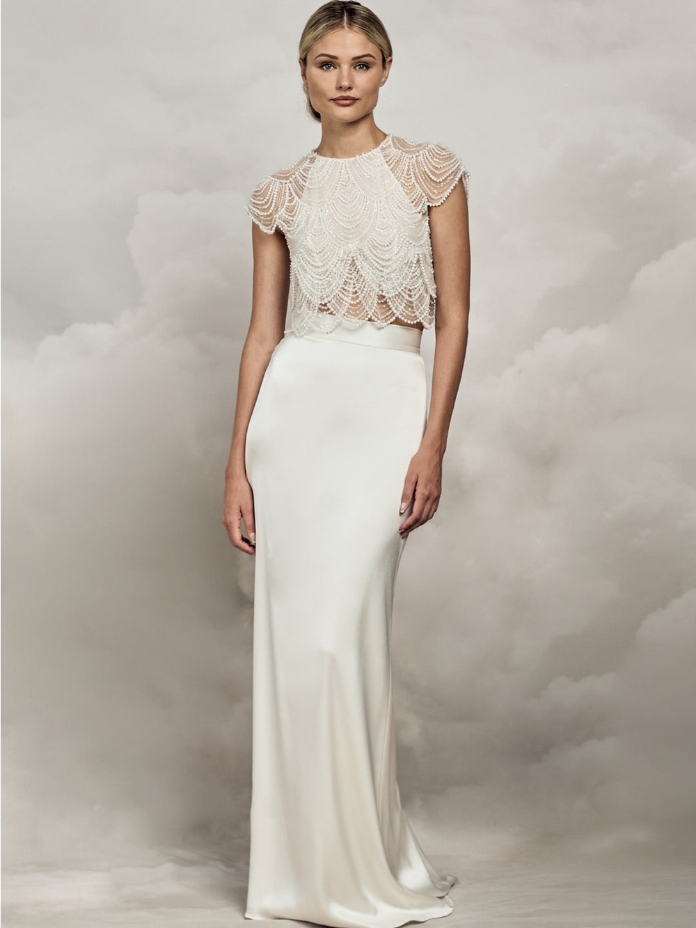 Elegant Cream Two-Piece Wedding Dress with Beaded Top